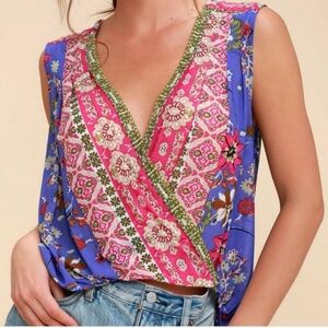 FREE PEOPLE Havana Blue Floral Surplice Top sz Sm